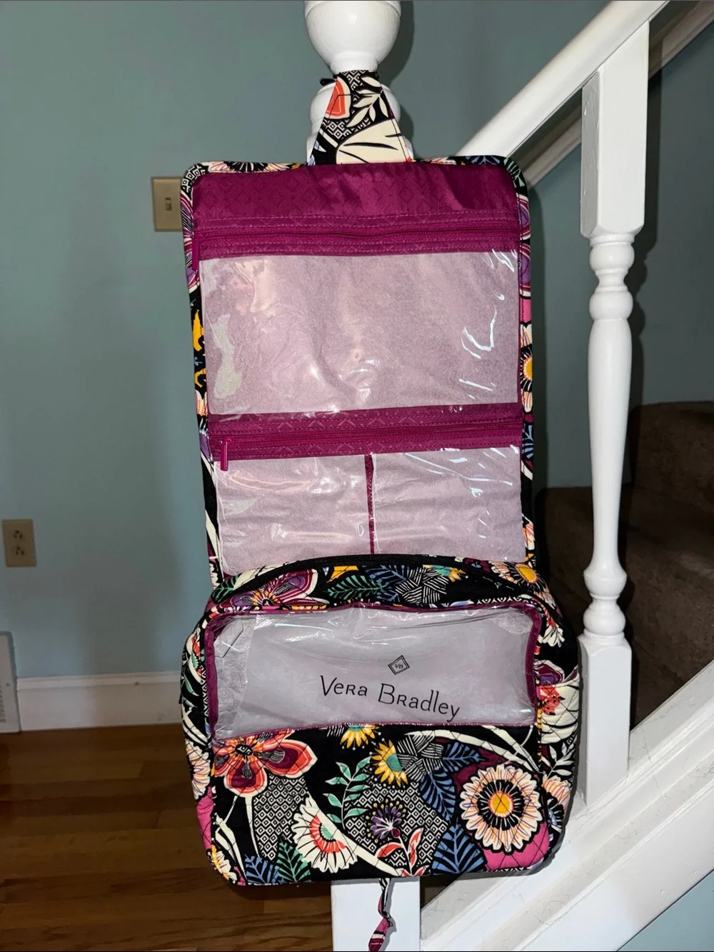Vera Bradley Black Floral Hanging Makeup Organizer with Magenta Accents nwt